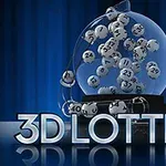 Kula z wirującymi kulkami numerowanymi oraz napis 3D Lottery na niebieskim tle
