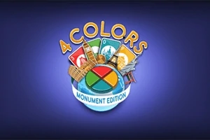 Logo z napisem 4 Colors Monument Edition z symbolami znanych budowli i kolorowymi kartami na niebieskim tle