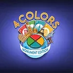 Logo z napisem 4 Colors Monument Edition z symbolami znanych budowli i kolorowymi kartami na niebieskim tle