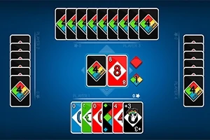 Kolorowe karty do gry ułożone w półokręgu na niebieskim tle z widocznymi symbolami i numerami