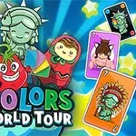 Postacie w stylu kreskówkowym, w tym Statua Wolności i Matrioszka, otoczone kolorowymi kartami i gwiazdami