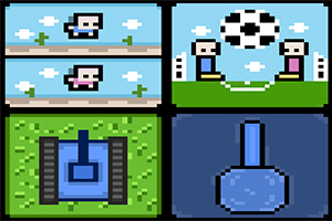 Pikselowa ilustracja przedstawiająca postacie na platformach, piłkę nożną oraz niebieski czołg i młotek w prostym stylu retro