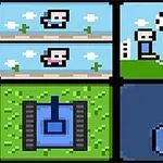 Pikselowa ilustracja przedstawiająca postacie na platformach, piłkę nożną oraz niebieski czołg i młotek w prostym stylu retro