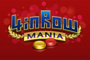 Niebiesko-żółty napis 4 in Row Mania na czerwonym tle z żółtym i czerwonym pionkiem na dole