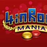 Niebiesko-żółty napis 4 in Row Mania na czerwonym tle z żółtym i czerwonym pionkiem na dole