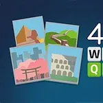 Cztery ilustracje znanych światowych obiektów na niebieskim tle obok napisu 4Pix Word Quiz