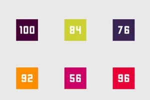 Kolorowe kwadraty z liczbami 100, 84, 76, 92, 56, 96 na szarym tle