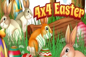 Króliki wśród trawy i kolorowych, ozdobnych pisanek z napisem 4x4 Easter