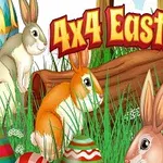 Króliki wśród trawy i kolorowych, ozdobnych pisanek z napisem 4x4 Easter