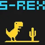 Żółty pikselowy dinozaur stojący obok kaktusa na czarnym tle z niebieskim napisem S-REX powyżej