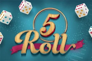 Pięć kości do gry otaczających duży napis 5 Roll na niebieskim tle z efektami świetlnymi