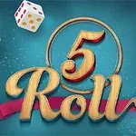 Pięć kości do gry otaczających duży napis 5 Roll na niebieskim tle z efektami świetlnymi