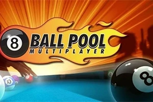 Logo z napisem 8 Ball Pool Multiplayer na tle pomarańczowych płomieni i bilardowych bil z liczbą osiem