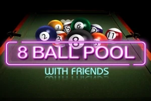 Stół bilardowy z ułożonymi kulami, z neonowym napisem 8 Ball Pool With Friends