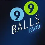 Logo z napisem 99 Balls Evo na ciemnoniebieskim tle, z dużymi cyframi 9 umieszczonymi w kolorowych okręgach