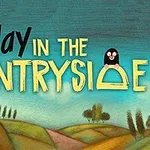 Ilustracja przedstawia kolorowy pejzaż wiejski z napisem A Day in the Countryside, na którym widać wzgórza, dom, drzewo, ptaka i kreta na literze D