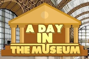 Napis A Day in the Museum na tle wnętrza z dużymi oknami i ozdobnym sklepieniem