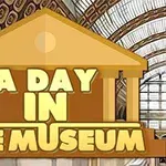 Napis A Day in the Museum na tle wnętrza z dużymi oknami i ozdobnym sklepieniem