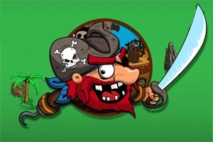 Pirate z czerwonymi włosami i czarną przepaską na oku trzymający szablę, na tle tropikalnej wyspy