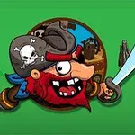 Pirate z czerwonymi włosami i czarną przepaską na oku trzymający szablę, na tle tropikalnej wyspy