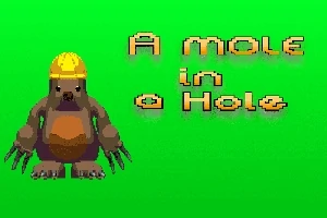 Kret w żółtym kasku z napisem A mole in a hole na zielonym tle