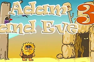 Kreskówkowy obraz z postacią prehistorycznego człowieka stojącego na tle pustynnego krajobrazu z jaskinią i napisem Adam and Eve 3