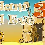 Kreskówkowy obraz z postacią prehistorycznego człowieka stojącego na tle pustynnego krajobrazu z jaskinią i napisem Adam and Eve 3