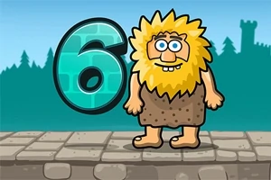 Kreskówkowa postać z dzikimi żółtymi włosami stoi na kamienistym bruku obok błękitnej cyfry sześć, w tle widoczny zamek