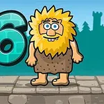 Kreskówkowa postać z dzikimi żółtymi włosami stoi na kamienistym bruku obok błękitnej cyfry sześć, w tle widoczny zamek