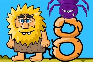 Jaskiniowiec z żółtymi włosami i brodą stoi obok liczby osiem, na której siedzi fioletowy pająk z uśmiechem