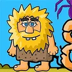 Jaskiniowiec z żółtymi włosami i brodą stoi obok liczby osiem, na której siedzi fioletowy pająk z uśmiechem