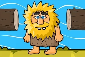 Kreskówkowa postać z żółtymi włosami i brodą, ubrana w prymitywne ubranie, stoi pomiędzy dwoma pniami drzew na tle nieba