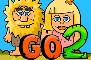 Dwoje rysunkowych postaci z blond włosami, mężczyzna z brodą i kobieta z kwiatem we włosach, stoją za dużym kolorowym napisem GO 2 na tle nieba