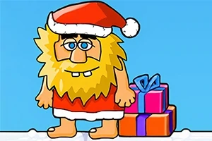 Brodaty mężczyzna w stroju świątecznym z czapką Mikołaja stojący obok kolorowych prezentów na śniegu