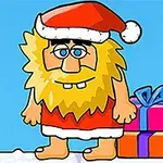 Brodaty mężczyzna w stroju świątecznym z czapką Mikołaja stojący obok kolorowych prezentów na śniegu