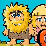 Dwoje kreskówkowych bohaterów, prymitywnie ubrany mężczyzna z zarostem i blondynka z kwiatkiem we włosach, stoi obok dużego pomarańczowego napisu GO na niebieskim tle