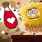 Kreskówkowy jaskiniowiec z żółtymi włosami i dużymi oczami stoi obok czerwonej butelki z sercem na tle mapy z sercami