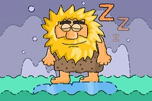 Śpiący jaskiniowiec z dużą żółtą brodą w brązowej tunice, stojący na niebieskim kole, z oznakami snu nad głową