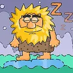 Śpiący jaskiniowiec z dużą żółtą brodą w brązowej tunice, stojący na niebieskim kole, z oznakami snu nad głową