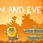 Postać pierwotnego człowieka z krzaczastymi włosami na tle pomarańczowego zachodu słońca z roślinami oraz drewnianymi znakami More Games i Credits