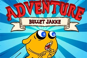 Żółta, animowana postać z szeroko otwartymi oczami i ustami na niebieskim tle z promieniami i napisem „ADVENTURE BULLET JAKKE” na wstędze