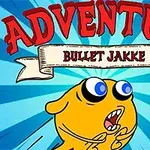 Żółta, animowana postać z szeroko otwartymi oczami i ustami na niebieskim tle z promieniami i napisem „ADVENTURE BULLET JAKKE” na wstędze