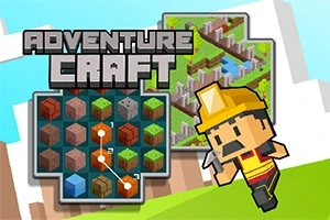 Mężczyzna w kasku biegnie obok tytułu Adventure Craft z widokiem na planszę z klockami i pikselowy krajobraz