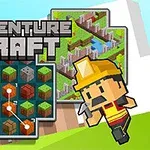 Mężczyzna w kasku biegnie obok tytułu Adventure Craft z widokiem na planszę z klockami i pikselowy krajobraz