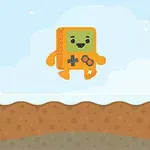 Uśmiechnięta postać w kształcie konsoli do gier skacząca nad ziemią z chmurami w tle