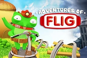 Zielony stworek w hełmie na platformie z trawą z napisem Adventures of Flig na tle chmur i budynków