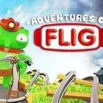 Zielony stworek w hełmie na platformie z trawą z napisem Adventures of Flig na tle chmur i budynków
