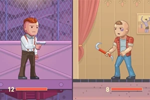 Dwóch rysunkowych bohaterów stojących naprzeciwko siebie w podzielonym ekranie, jeden z pistoletem, drugi z kluczem francuskim