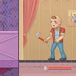 Dwóch rysunkowych bohaterów stojących naprzeciwko siebie w podzielonym ekranie, jeden z pistoletem, drugi z kluczem francuskim