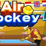 Dwóch animowanych graczy rywalizujących przy stole do air hokeja z kolorowymi flagami w tle